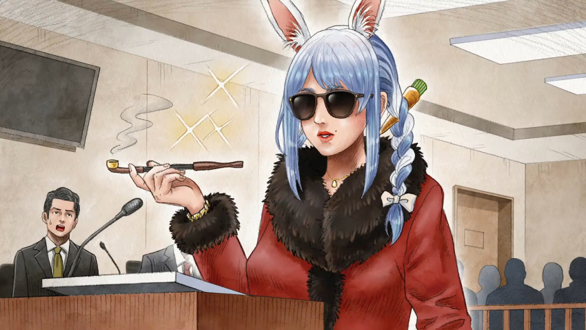1boy 1girl alternate_costume animal_ears black_eyes black_hair blue_hair bow braid bunny_ears carrot_hair_ornament coat courtroom door enomoto_yoshitaka facial_hair food-themed_hair_ornament formal fur-trimmed_coat fur_trim green_necktie hair_bow hair_ornament highres holding holding_smoking_pipe hololive indoors jacket jewelry microphone mole mole_above_mouth necklace necktie open_mouth parted_lips podium rabbit_ears red_necktie safe second-party_source smoke smoking_pipe sparkle suit sunglasses sweatdrop television twin_braids usada_pekora video_crop virtual_youtuber white_hair