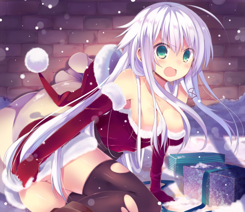 ahoge ancer_(mishima_kurone) anceril_sacred angry ass bare_shoulders black_legwear blush boots breasts christmas cleavage elbow_gloves fang fur_trim gift gloves green_eyes long_hair mishima_kurone open_mouth original sack santa_costume silver_hair snow solo tears thigh-highs thighhighs torn_legwear torn_thighhighs