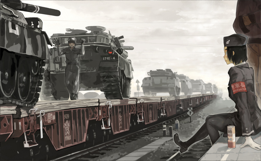 1girl arm_support armband black_hair black_legwear cable canned_coffee caterpillar_tracks chinese cloudy_sky coffee copyright_request gloves hand_gesture hat helmet military military_uniform military_vehicle pantyhose railroad_tracks russian short_hair sitting tank train train_conductor uniform vehicle zaimoku_okiba