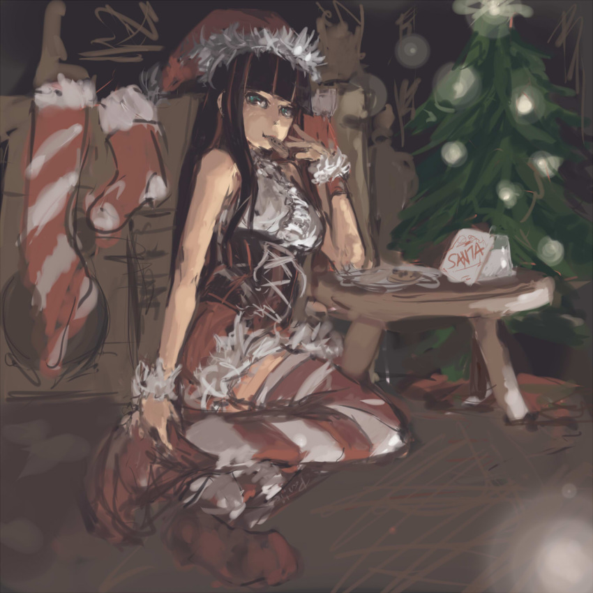 bare_shoulders christmas christmas_sock christmas_stocking christmas_tree cookie corset food gainax garter_straps green_eyes hat highres long_hair minidress mouth_hold pan!ies panty_&amp;_stocking_with_garterbelt purple_hair santa_hat solo stocking_(psg) striped striped_legwear thigh-highs thighhighs