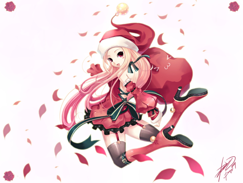 artist_request bag bare_shoulders black_legwear boots christmas detached_sleeves dress easy_(easycrew) garter_straps hat high_heels lee_byung_hee looking_back lucia open_mouth pangya petals pink_eyes pink_hair santa_hat shoes smile solo source_request thigh-highs thighhighs