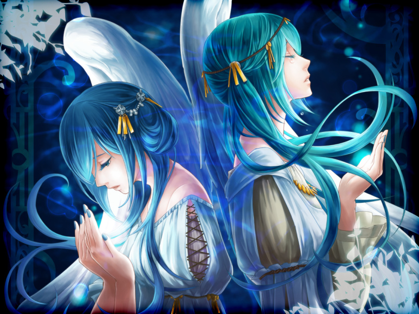 aqua_hair back-to-back bare_shoulders clone closed_eyes dual_persona hair_ornament hatsune_miku long_hair momopanda multiple_girls nail_polish tears vocaloid wings