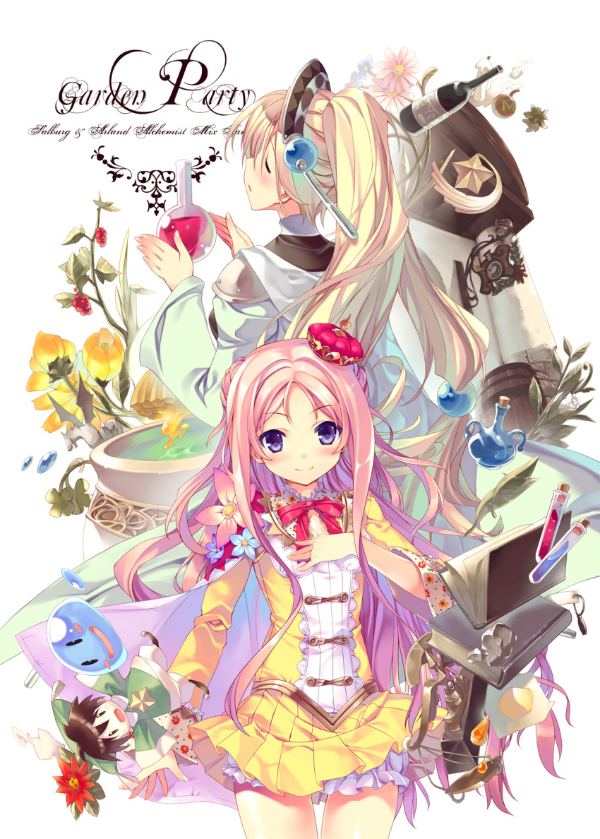 2girls atelier_(series) atelier_marie_alchemist_of_salburg atelier_meruru barrel blonde_hair blush blush_stickers book bottle bow breasts brown_hair chibi cleavage closed_eyes cover cover_page crown doujin_cover dress eyes_closed flask flower gem hand_on_own_chest hat highres liquid long_hair marie_(atelier) merurulince_rede_arls multiple_girls ooba_kagerou open_mouth purple_eyes round-bottom_flask short_hair smile vial violet_eyes