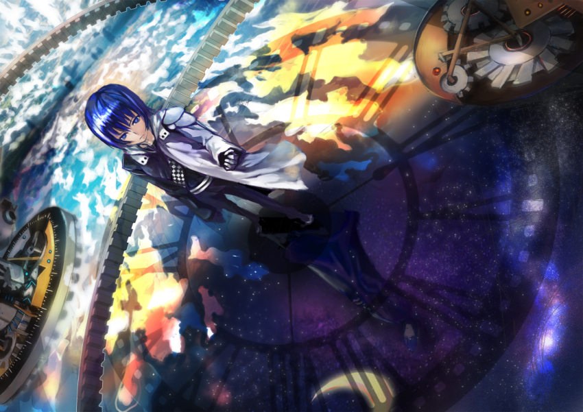 asymmetrical_clothes asymmetrical_clothing blue_eyes blue_hair checkered clenched_hand clock crescent fist fuyou_deng fuyuu_tou gears hooded_jacket jacket long_sleeves machinery male original pants reflection short_hair solo standing white_jacket