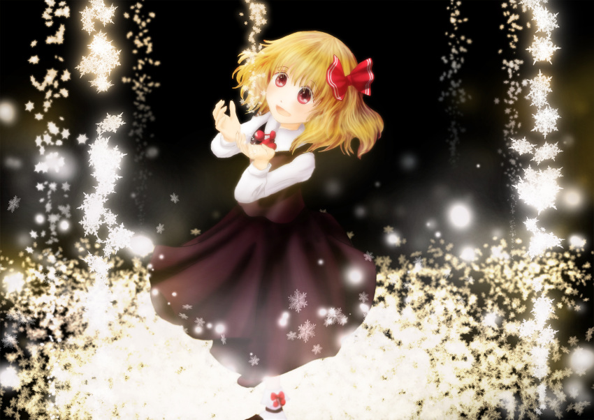 arms_up ascot blonde_hair blush crystal glowing hair_ribbon highres open_mouth red_eyes ribbon rumia shirt short_hair side_ponytail skirt skirt_set smile snowflakes solo tako the_embodiment_of_scarlet_devil touhou vest youkai