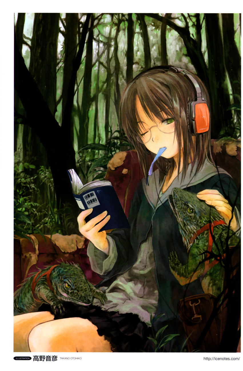 absurdres armchair audio-technica book brown_hair forest glasses green_eyes headphones highres lizard mouth_hold nature original petting reading scan solo takano_otohiko wink