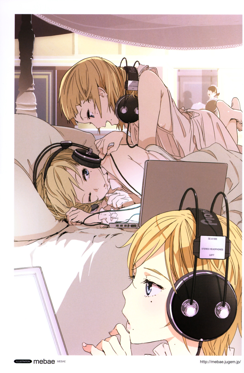 absurdres bed blonde_hair blue_eyes computer headphones highres laptop lips listening_to_music maid mebae mole monitor_light multiple_girls nightgown original pioneer product_placement siblings sisters triplets