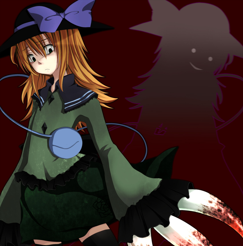 alternate_costume alternate_hairstyle blonde_hair capcom claws crossover darkstalkers frown frowning fusion green_eyes hat highres kneehighs koishi_adventure komeiji_koishi lei_lei long_hair nnyara nyara_nico shadow skirt smile solo spoilers stouhoumile third_eye touhou vampire_(game) yakumo_yukari