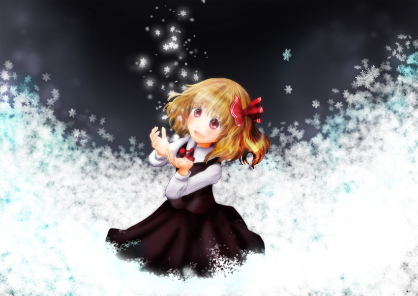 arms_up ascot blonde_hair blush crystal hair_ribbon highres open_mouth red_eyes ribbon rumia shirt short_hair side_ponytail skirt skirt_set smile snowflakes solo tako the_embodiment_of_scarlet_devil touhou vest youkai