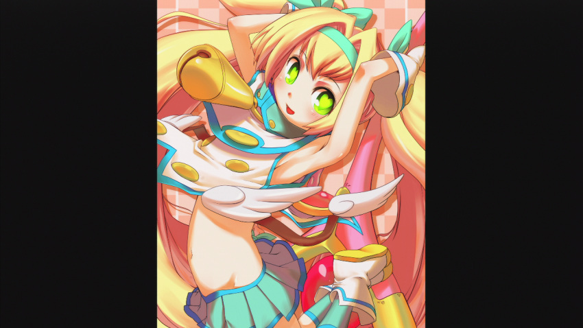 1girl armpits bell blazblue blonde_hair flat_chest green_eyes heart heart-shaped_pupils magical_girl midriff navel official_art platinum_the_trinity stomach symbol-shaped_pupils