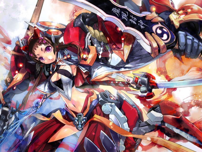 artist_request breasts brown_hair cleavage dual_wielding highres horns katana mechanical_arm midriff navel original power_armor purple_eyes ryoumen_sukuna source_request sword twintails weapon zeco