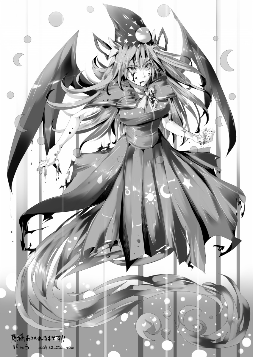 blood breasts capelet crescent_moon dress full_moon ghost ghost_tail hat highres long_hair mima monochrome moon moon_phases nyuu_(manekin-eko) ribbon solo star touhou touhou_(pc-98) wings wizard_hat