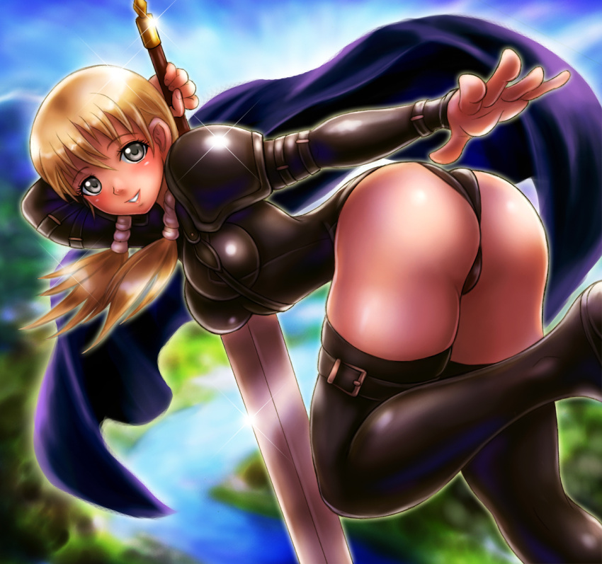 1girl armor ass belt blonde_hair blush bodysuit boken_fantasy braid buckle cape claymore claymore_(sword) cynthia_(claymore) female grey_eyes lips long_hair looking_back open_mouth shoulder_pads silver_eyes smile solo sword thighhighs twin_braids twintails weapon