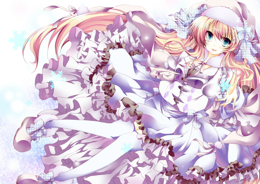 arm_up blonde_hair blouse blue_eyes blue_ribbon frilled_skirt frills hat hat_ribbon highres knees_touching long_hair long_sleeves looking_at_viewer mizu_(nonbiri) neck_ruff open_hand open_mouth original ribbon shoes skirt smile snowflakes solo thigh-highs thighhighs very_long_hair white_legwear