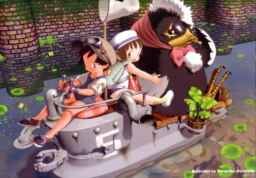 androgynous backpack bird boat brown_hair butterfly child cigar copyright_request dragonfly fingerless_gloves gloves goggles hand_net lily_pad multiple_boys ooyamada_mangetsu open_mouth overalls paddle_wheel plant potted_plant randoseru scan scar shoes short_hair sitting smile smoking water