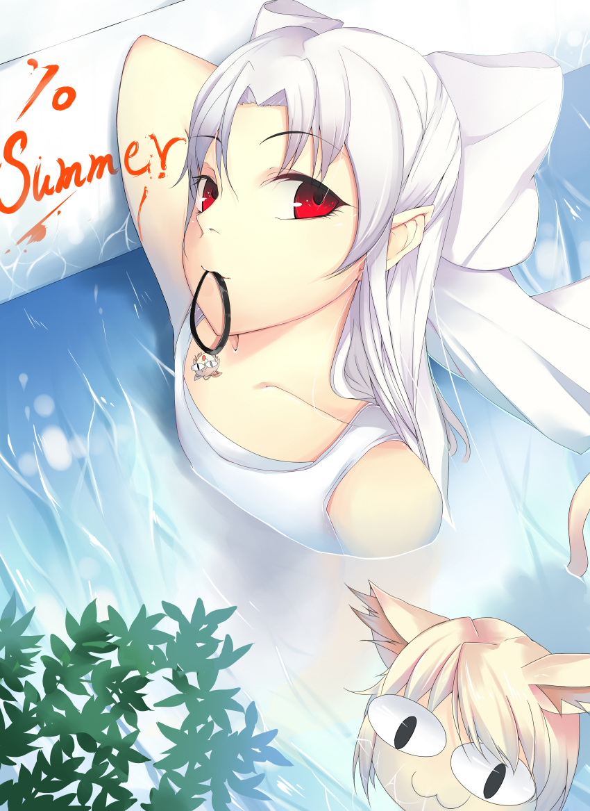 bow fate/stay_night fate_(series) hair_bow highres iro_(sekaixiro) long_hair melty_blood mouth_hold nekoarc red_eyes swimsuit tsukihime white_hair white_len