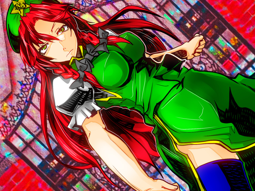 artist_request gate green_eyes hat highres hong_meiling naonakamura red_hair redhead ribbon solo touhou
