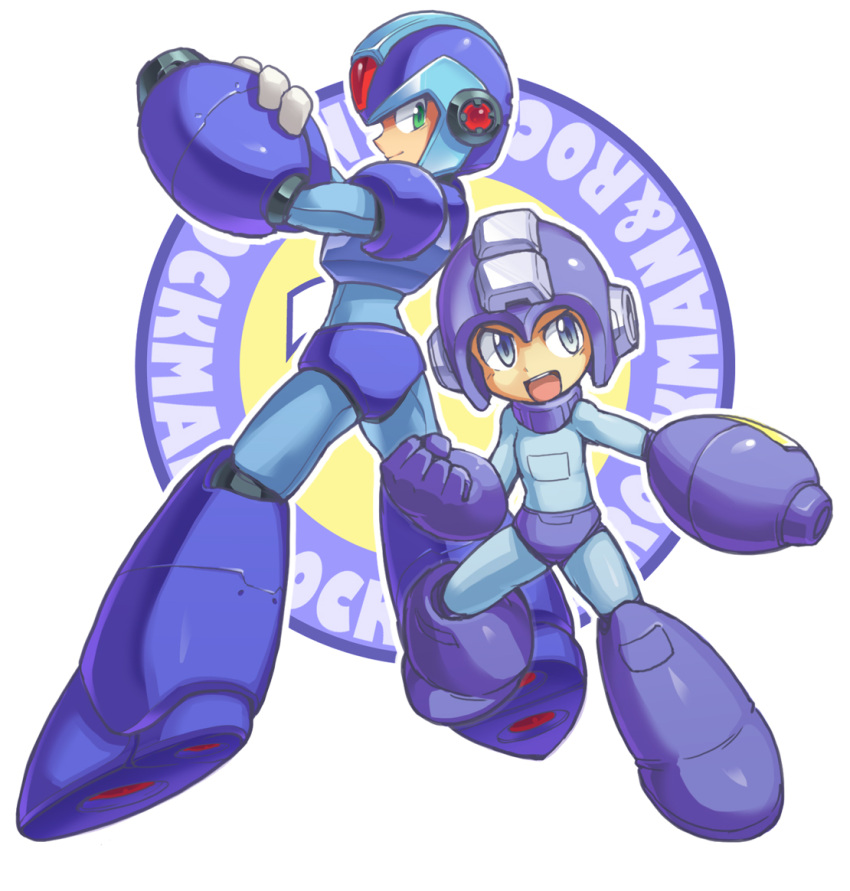 5yusuke3 arm_cannon armor blue_eyes capcom full_armor helmet looking_back male multiple_boys open_mouth rockman rockman_(character) rockman_(classic) rockman_x smile weapon x x_(rockman) yuusuke_(5yusuke3)