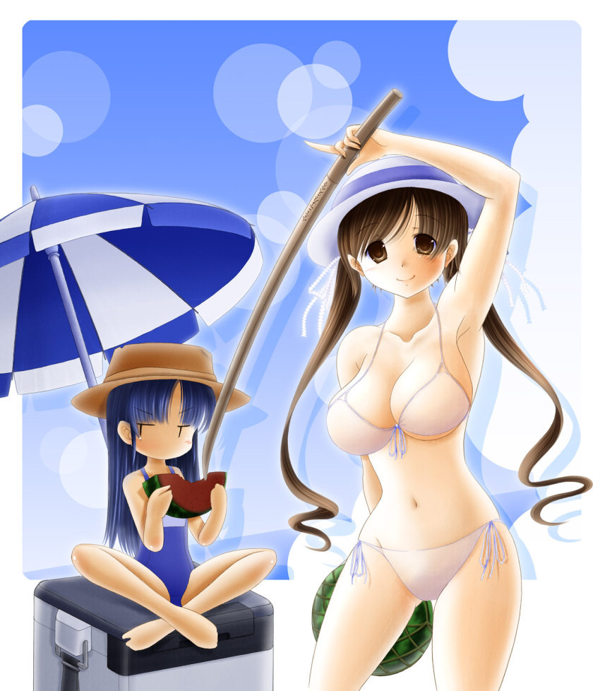 barefoot beach_umbrella bikini blue_hair blush bokken breast_envy breasts brown_eyes brown_hair cleavage cooler copyright_request flat_chest food front-tie_top fruit hat highres indian_style large_breasts long_hair multiple_girls nashigami_tsubute one-piece_swimsuit school_swimsuit side-tie_bikini sitting smile swimsuit sword watermelon weapon white_bikini wooden_sword |_|