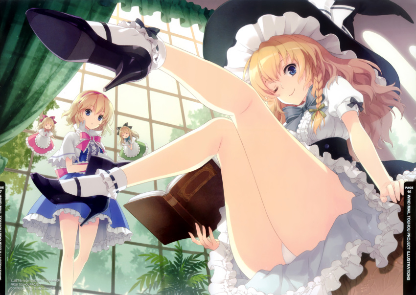 absurdres alice_margatroid an2a arm_support bare_legs blonde_hair blue_eyes bobby_socks book bow braid capelet curtains doll dress footwear hat high_heels highres kirisame_marisa knees_together_feet_apart leg_lift legs long_hair looking_at_viewer multiple_girls o_o open_book panties pantyshot pantyshot_(sitting) pantyshot_sitting shanghai shanghai_doll shoes short_hair sitting smile socks touhou underwear white_panties window wink witch witch_hat