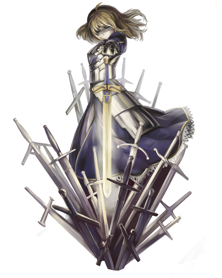 ahoge armor armored_dress blonde_hair dress excalibur fate/stay_night fate/zero fate_(series) field_of_blades gauntlets glowing glowing_sword glowing_weapon green_eyes hair_down hand_on_hilt highres long_hair maz_(fanxuying) planted_sword planted_weapon saber solo sword weapon