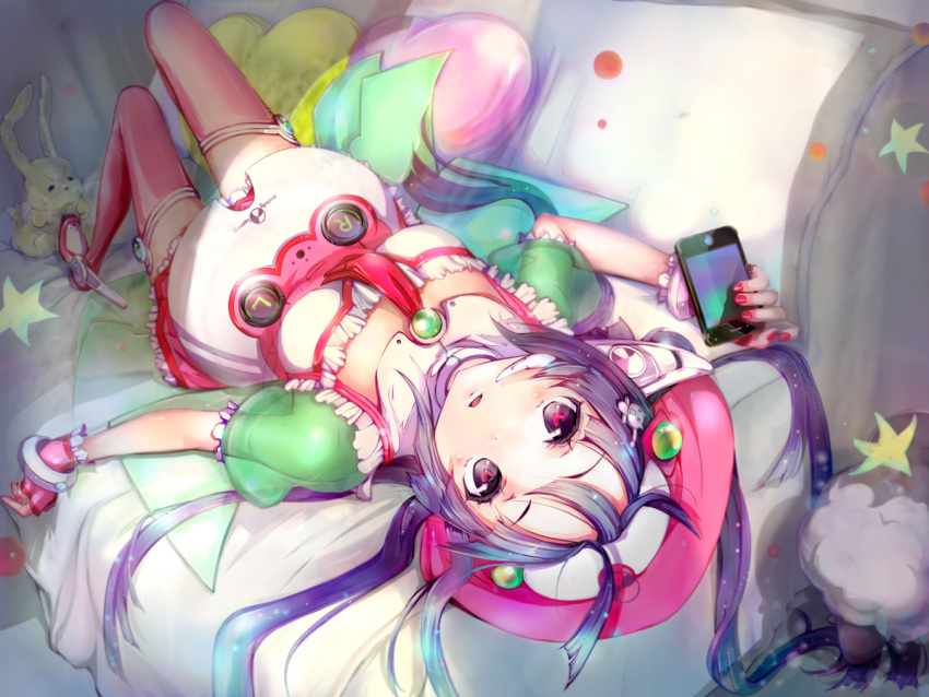 hat heart heart-shaped_pupils iphone long_hair lying nail_polish on_back phone purple_eyes purple_hair robot_ears skirt smartphone solo soramu symbol-shaped_pupils thigh-highs thighhighs tone_rion twintails violet_eyes vocaloid zettai_ryouiki