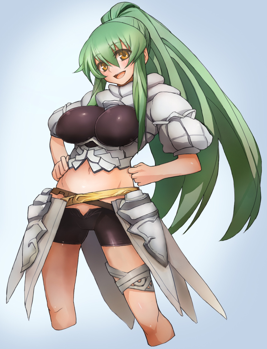 bike_shorts breasts brown_eyes cropped_legs green_hair hands_on_hips highres large_breasts long_hair midriff navel open_mouth original ponytail solo taishi_(artist) thigh_strap unknown_character_1_(sachito)
