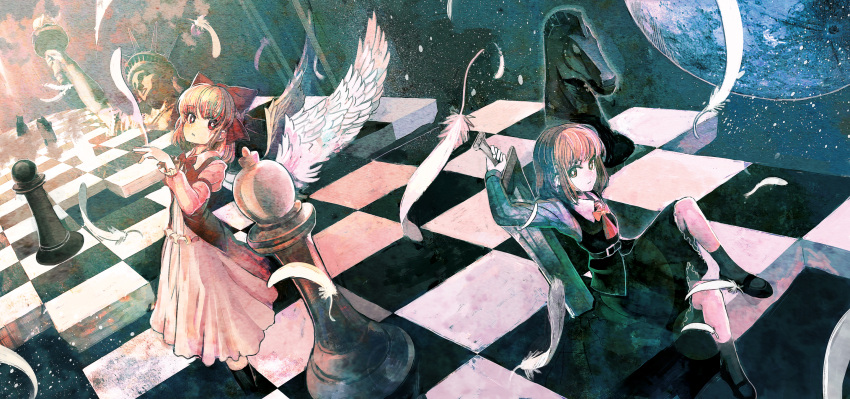 angel_wings black_legwear blonde_hair bow checkered checkered_floor chess chess_piece chessboard ex-rumia feathers gengetsu hair_bow highres landmark mary_janes moon multiple_girls night night_sky organ_derwald rumia shoes short_hair sitting sky statue_of_liberty sword touhou touhou_(pc-98) weapon wings youkai