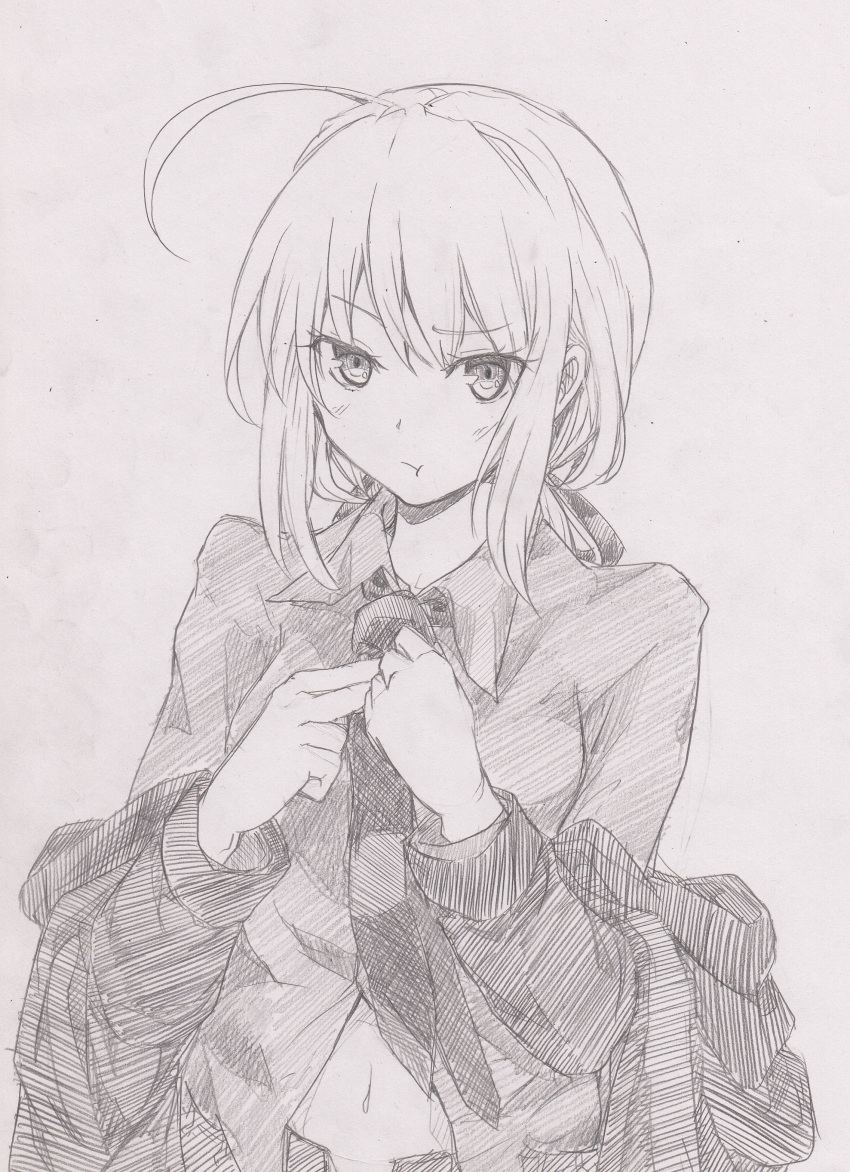 absurdres ahoge dressing fate/stay_night fate/zero fate_(series) fys-a graphite_(medium) highres monochrome navel necktie pout saber solo traditional_media