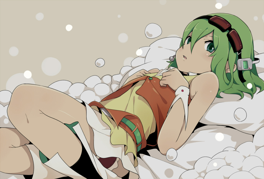 bad_id bubble goggles goggles_on_head green_eyes green_hair gumi looking_at_viewer lying ogipote on_back short_hair skirt solo vocaloid wrist_cuffs
