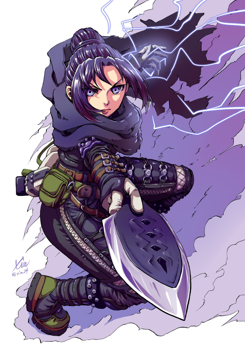 1girl apex_legends artist_name bangs black_bodysuit black_footwear black_scarf bodysuit boots dust electricity floating_hair hair_bun highres holding holding_knife knife kunai looking_at_viewer open_hand parted_bangs purple_hair scarf solo squatting twitter_username v-shaped_eyebrows violet_eyes weapon wraith_(apex_legends) xin_(xin24)