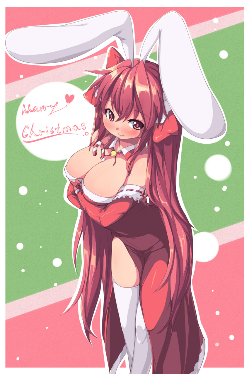 animal_ears between_breasts bow breasts bunny_ears christmas cleavage di_gi_charat dice dress hair_bow highres long_hair red_eyes red_hair redhead saiste side_slit smile solo thigh-highs thighhighs twintails usada_hikaru white_legwear