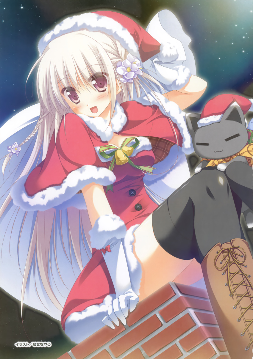 1girl :d absurdres arm_support bell black_legwear blush boots bow braid cat character_request chimney christmas elbow_gloves flower gloves hair_flower hair_ornament hat highres kaminogi_ushio leaning_forward long_hair looking_at_viewer night open_mouth purple_eyes sack santa_costume santa_hat sesena_yau silver_hair sky smile solo star_(sky) starry_sky thigh-highs thighhighs violet_eyes