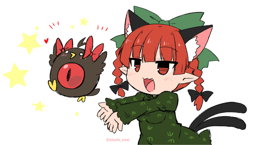 1girl :3 accessories_switch animal_ear_fluff animal_ears bangs black_bow blush bow braid cat_ears cat_tail chibi commentary_request dress extra_ears fang green_bow green_dress hair_bow highres juliet_sleeves kaenbyou_rin long_sleeves medium_hair multiple_tails noai_nioshi open_mouth outstretched_arms pointy_ears puffy_sleeves red_bow red_eyes redhead reiuji_utsuho reiuji_utsuho_(bird) tail touhou twin_braids twintails twitter_username two_tails upper_body