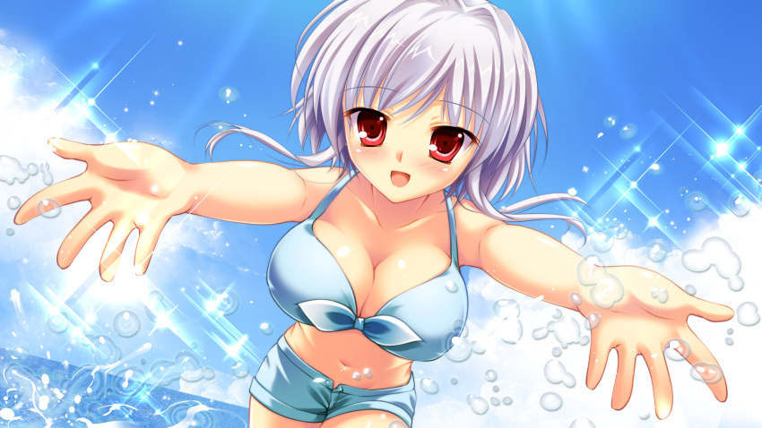 bikini cleavage game_cg grey_hair manatsu_no_yoru_no_yuki_monogatari mikeou red_eyes shinjou_yukina swimsuit water