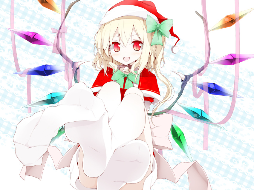 bell blonde_hair bow capelet fang feet flandre_scarlet hair_bow hat highres looking_at_viewer oouso_(usotsukiya) open_mouth plaid plaid_background pov pov_feet red_eyes santa_costume santa_hat short_hair sitting sock_dangle sock_pull solo the_embodiment_of_scarlet_devil thigh-highs thighhighs touhou usotsukiya white_legwear wings