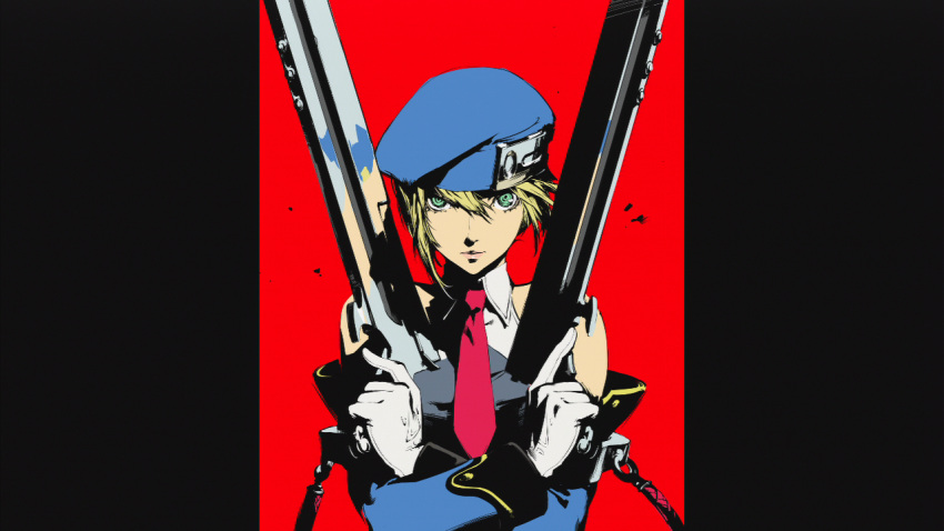 bare_shoulders beret blazblue blonde_hair bolverk border crossed_arms detached_sleeves dual_wielding flat_color gloves green_eyes gun handgun hat high_contrast necktie noel_vermillion screencap soejima_shigenori solo weapon