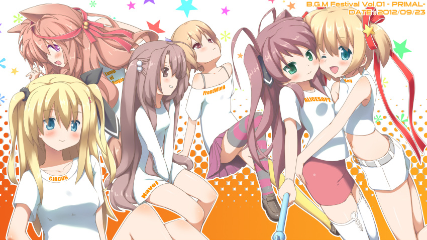 6+girls blonde_hair blue_eyes blush breasts brown_hair character_request cheek-to-cheek copyright_request flat_chest green_eyes highres kamikita_komari little_busters!! long_hair looking_at_viewer mille multiple_girls red_eyes short_hair skirt smile striped striped_legwear thighhighs v_arms violet_eyes