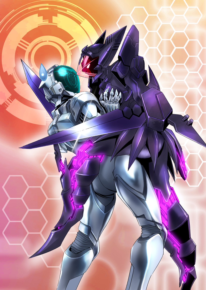 1boy 1girl accel_world arm_blade armor black_lotus_(accel_world) breast_grab claws crack dancing duel_avatar glowing glowing_eyes highres honeycomb_background leg_up pink_eyes platin_(alios) silver_crow sweatdrop weapon