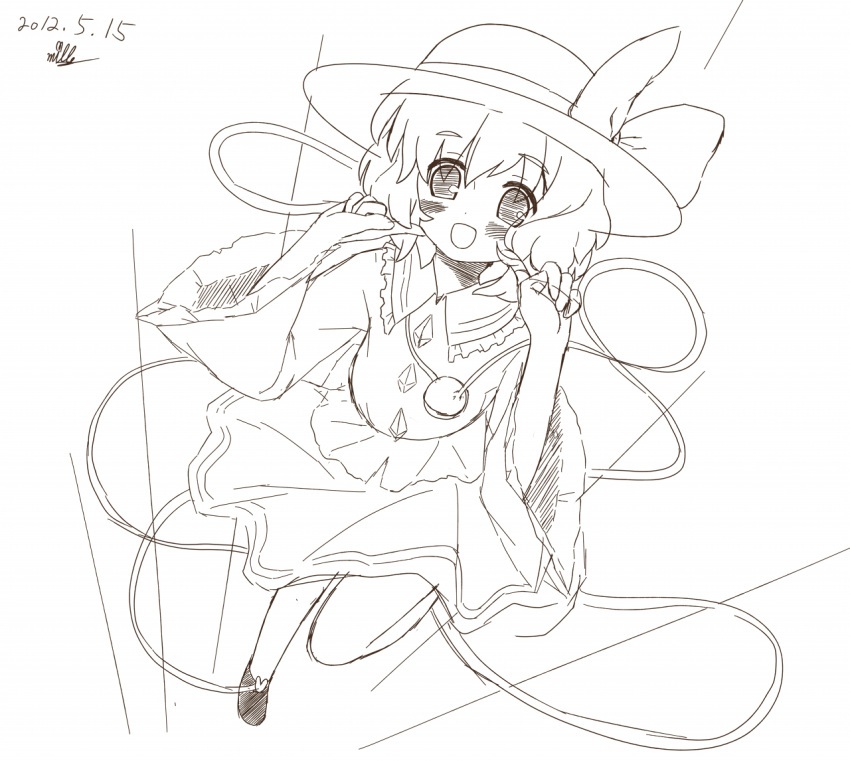 1girl blush dated hat komeiji_koishi looking_at_viewer mille monochrome open_mouth short_hair signature simple_background sketch smile solo third_eye touhou white_background