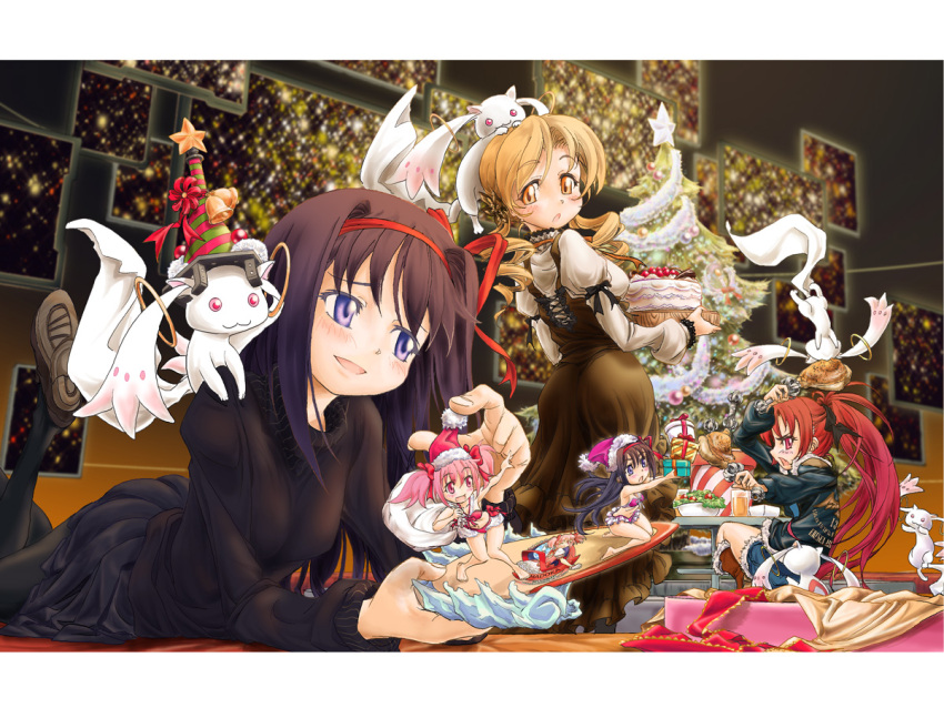 ass black_hair blonde_hair breasts cake christmas clone food gift hat kaname_madoka kyubey mahou_shoujo_madoka_magica naka_(nicovideo14185763) red_hair redhead sakura_kyouko santa_hat sideboob tomoe_mami