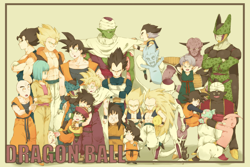 &gt;:) 6+boys age_difference alternate_form anger_vein angry armor arms_up bald barefoot black_hair black_skin blonde_hair blue_eyes blue_hair bulma candy cape captain_ginyu cat cell_(dragon_ball) cell_junior child clenched_teeth closed_eyes collarbone crossed_arms dougi dragon_ball dragon_ball_(object) dragon_ball_z dragonball_z earrings eyes_closed flying frieza fusion ghost gloves gotenks green_eyes green_skin hands_on_hips hat height_difference highres jewelry kuririn long_hair looking_away majin_buu male mangaoyaji mister_popo multicolored_hair multiple_boys muscle oolong open_mouth piccolo pink_skin puffy_pants purple_skin shoes short_hair size_difference smile son_gohan son_gokuu son_goten spiked_hair spiky_hair standing super_saiyan sword tail teeth time_paradox title_drop tongue tongue_out trunks_(dragon_ball) vegeta vegetto vegito wallpaper weapon widow's_peak wristband yajirobe young