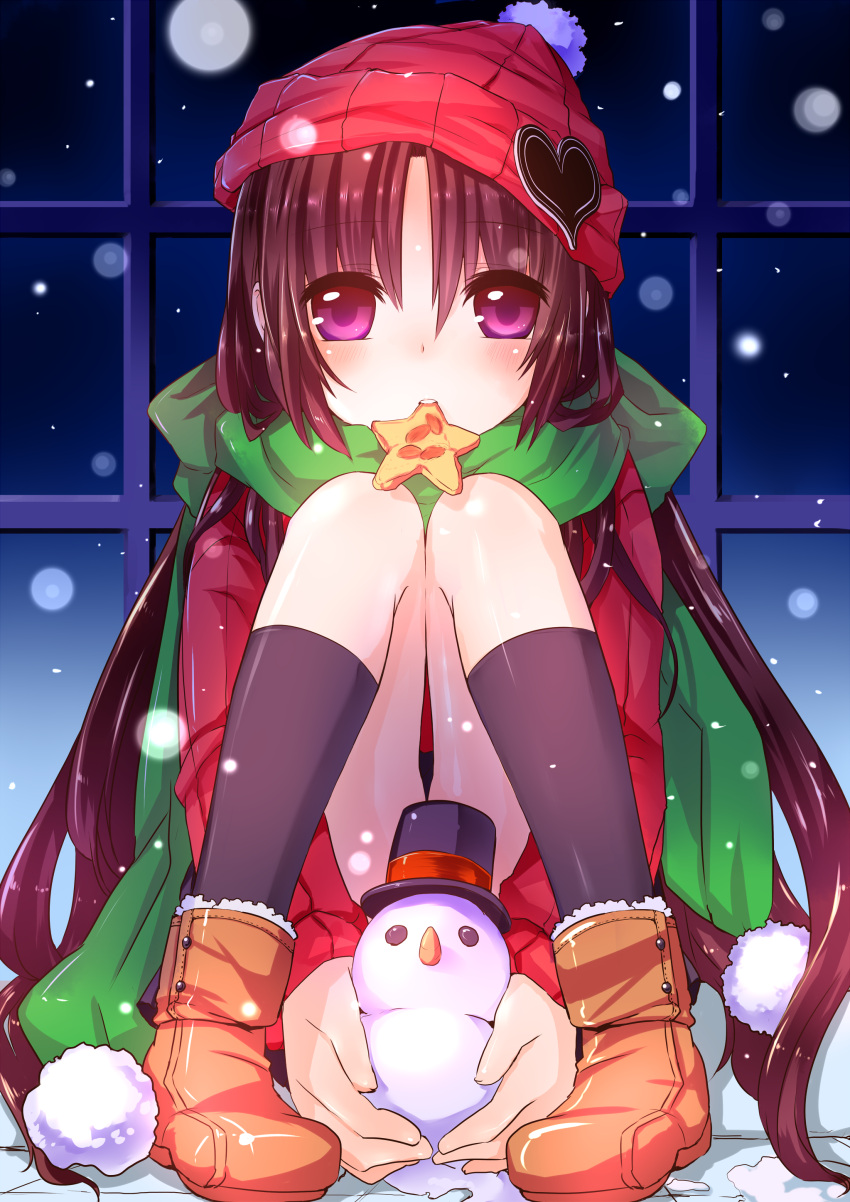 absurdres brown_hair censored convenient_censoring genderswap hat highres komota little_busters!! mittens mouth_hold naoe_riki purple_eyes scarf sitting snowman solo violet_eyes winter_clothes
