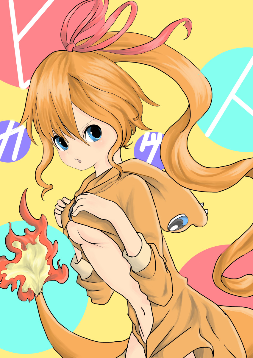 :o absurdres background_text blue_eyes breasts character_name charmander fang fire hair_between_eyes hair_ribbon highres hoodie kyo_bugendai long_hair long_sleeves looking_at_viewer navel orange_hair personification pokemon pokemon_(game) ponytail ribbon sleeves_pushed_up solo standing tail tail-tip_fire text under_boob underboob