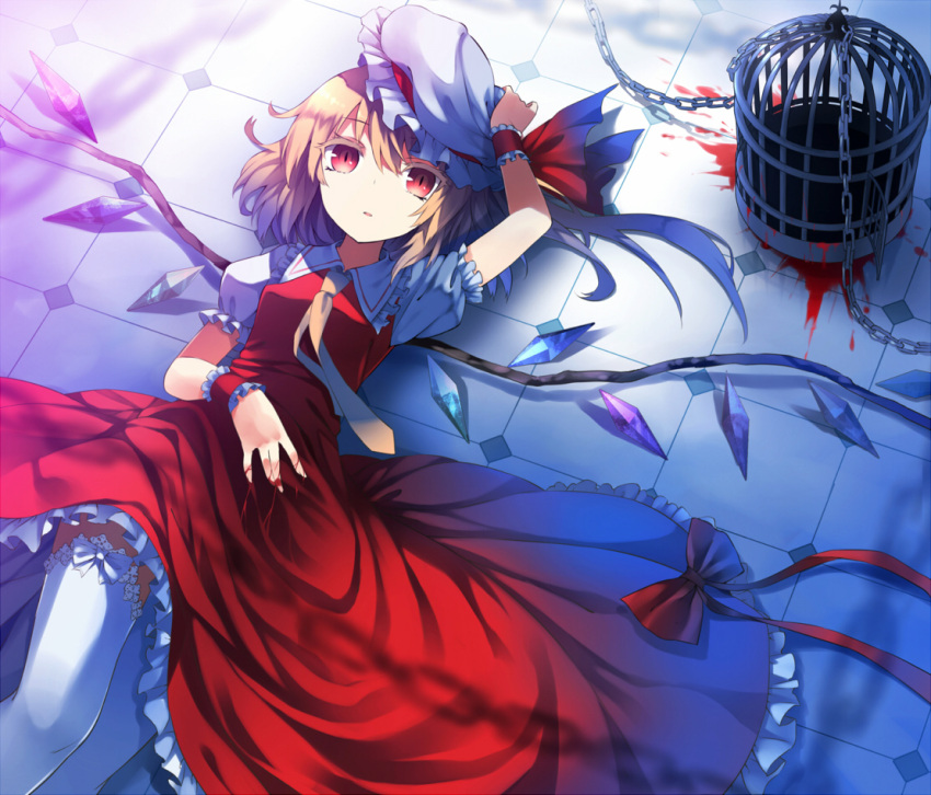 adapted_costume alternate_costume birdcage blonde_hair blood bon cage chain chains colored_eyelashes dress flandre_scarlet hand_on_hat hat lace lace-trimmed_thighhighs lying on_back on_floor red_eyes short_hair solo the_embodiment_of_scarlet_devil thigh-highs thighhighs tile_floor tiles touhou wings wrist_cuffs zettai_ryouiki