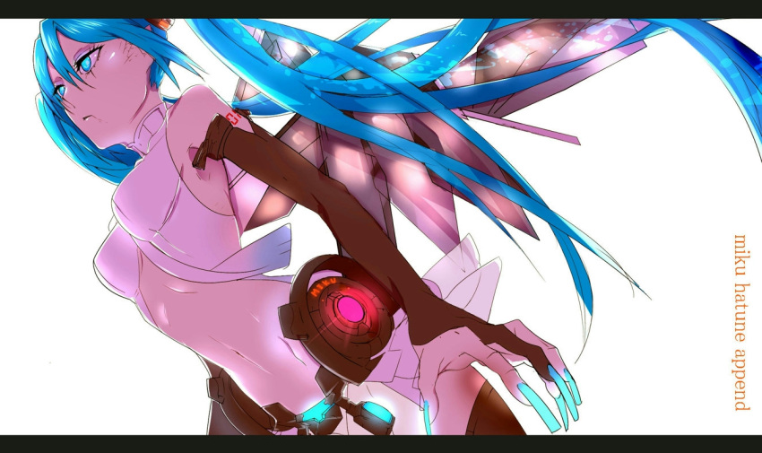aqua_eyes aqua_hair aqua_nails bad_id breasts bridal_gauntlets center_opening elbow_gloves fingernails gloves hatsune_miku hatsune_miku_(append) kisaragi_(domino) letter_boxed letterboxed long_fingernails long_hair mechanical_wings miku_append navel simple_background solo thigh-highs thighhighs twintails very_long_hair vocaloid vocaloid_append wings