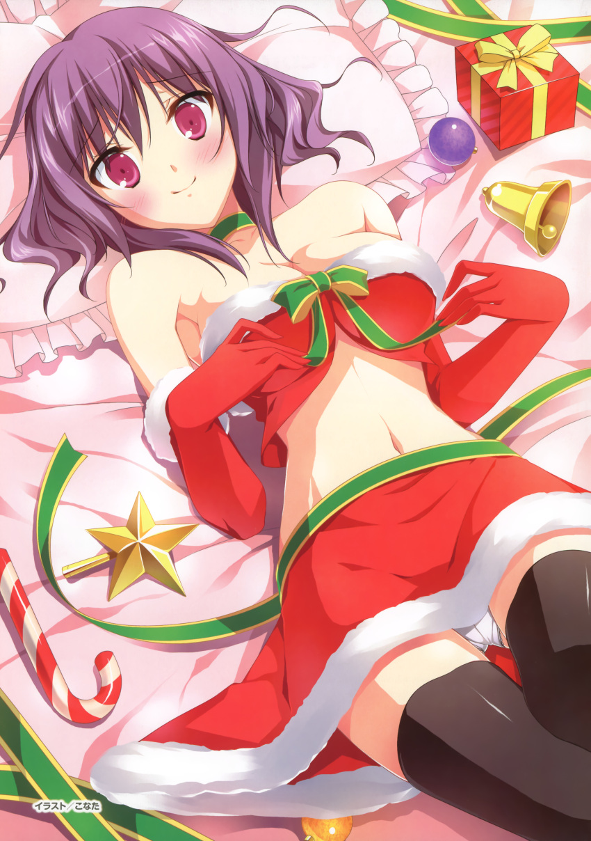 absurdres bare_shoulders black_legwear blush bow breasts bustier choker christmas cleavage copyright_request elbow_gloves gift gloves highres konata_(artist) large_breasts lying midriff navel ornament panties purple_eyes purple_hair ribbon smile solo source_request thigh-highs thighhighs underwear white_panties