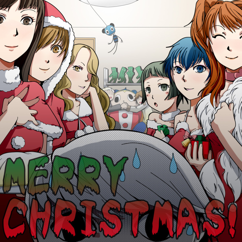 black_hair blue_eyes blue_hair brown_eyes brown_hair capelet christmas ebihara_ai gift green_eyes green_hair grey_hair hair_over_one_eye hanamura_yousuke harem highres kujikawa_rise kuma_(persona_4) long_hair matsunaga_ayane mokoi_(megami_tensei) narukami_yuu persona persona_4 santa_costume satonaka_chie shirogane_naoto short_hair sweatdrop t0kiwa tatsumi_kanji twintails