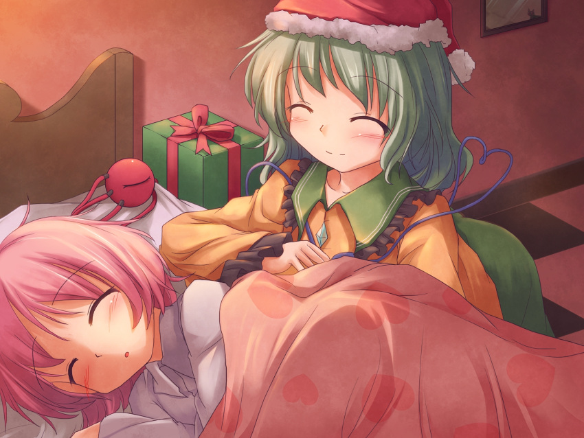 alternate_headwear bed blanket blush box closed_eyes eyes_closed gift gift_box green_hair hat heart highres kneeling komeiji_koishi komeiji_satori lying lzh multiple_girls on_side on_stomach open_mouth pillow pink_hair santa_hat short_hair siblings sisters sleeping smile third_eye touhou under_covers