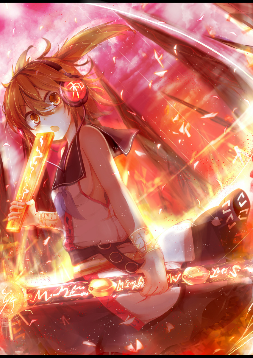 absurdres belt bracelet breasts brown_eyes brown_hair dutch_angle fire flame glowing headphones highres holding jewelry letterboxed nmaaaaa open_mouth ribbon ritual_baton sailor_collar short_hair sideboob skirt sleeveless sleeveless_shirt solo sword touhou toyosatomimi_no_miko weapon